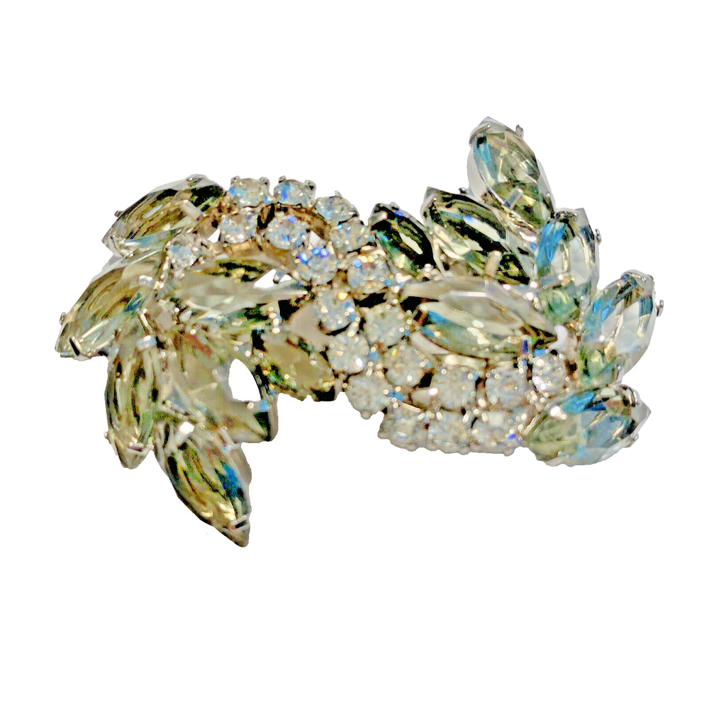 Vintage Mid Century Brooch Silver Smoky Gray & Clear Crystal Rhinestones Bling